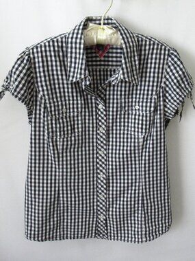 Tommy Hilfiger black white check short sleeve button front blouse *Sz L*